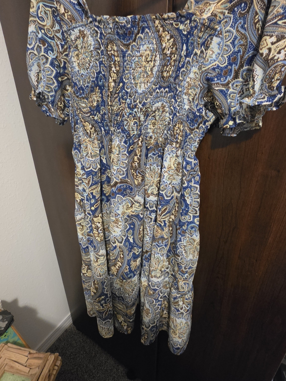 Smocked Paisley Midi Dress in Blue and Cream By Rocking C XL